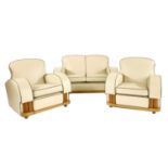 An Art Deco cream leather three-piece suite,