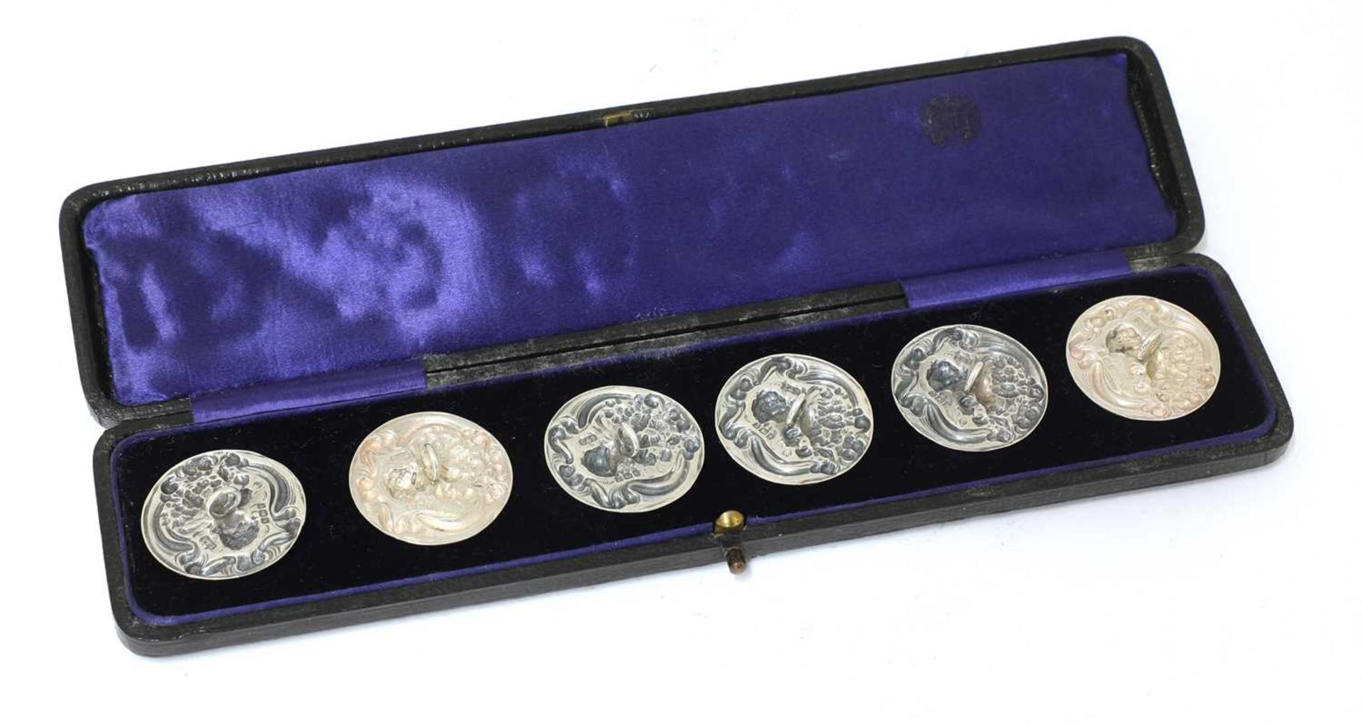 A cased set of six Art Nouveau silver buttons, - Image 2 of 2