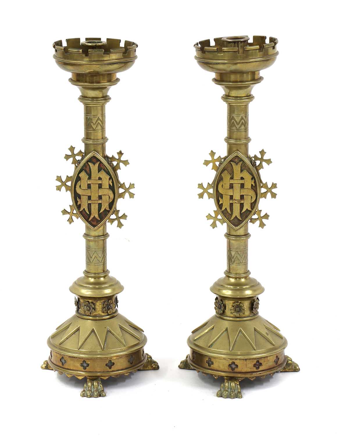 A pair of Gothic Revival brass candlesticks, - Image 3 of 3