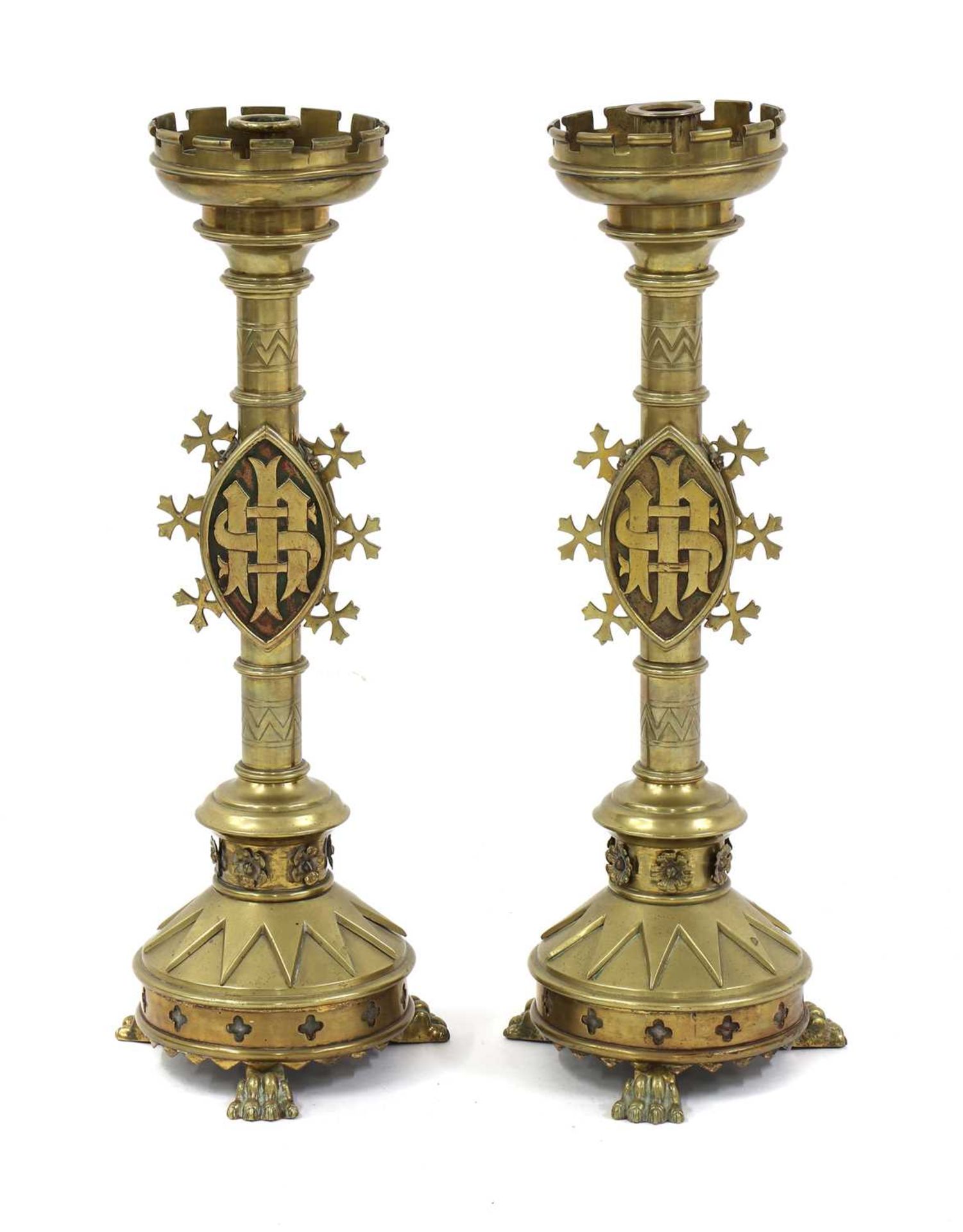 A pair of Gothic Revival brass candlesticks, - Image 3 of 3