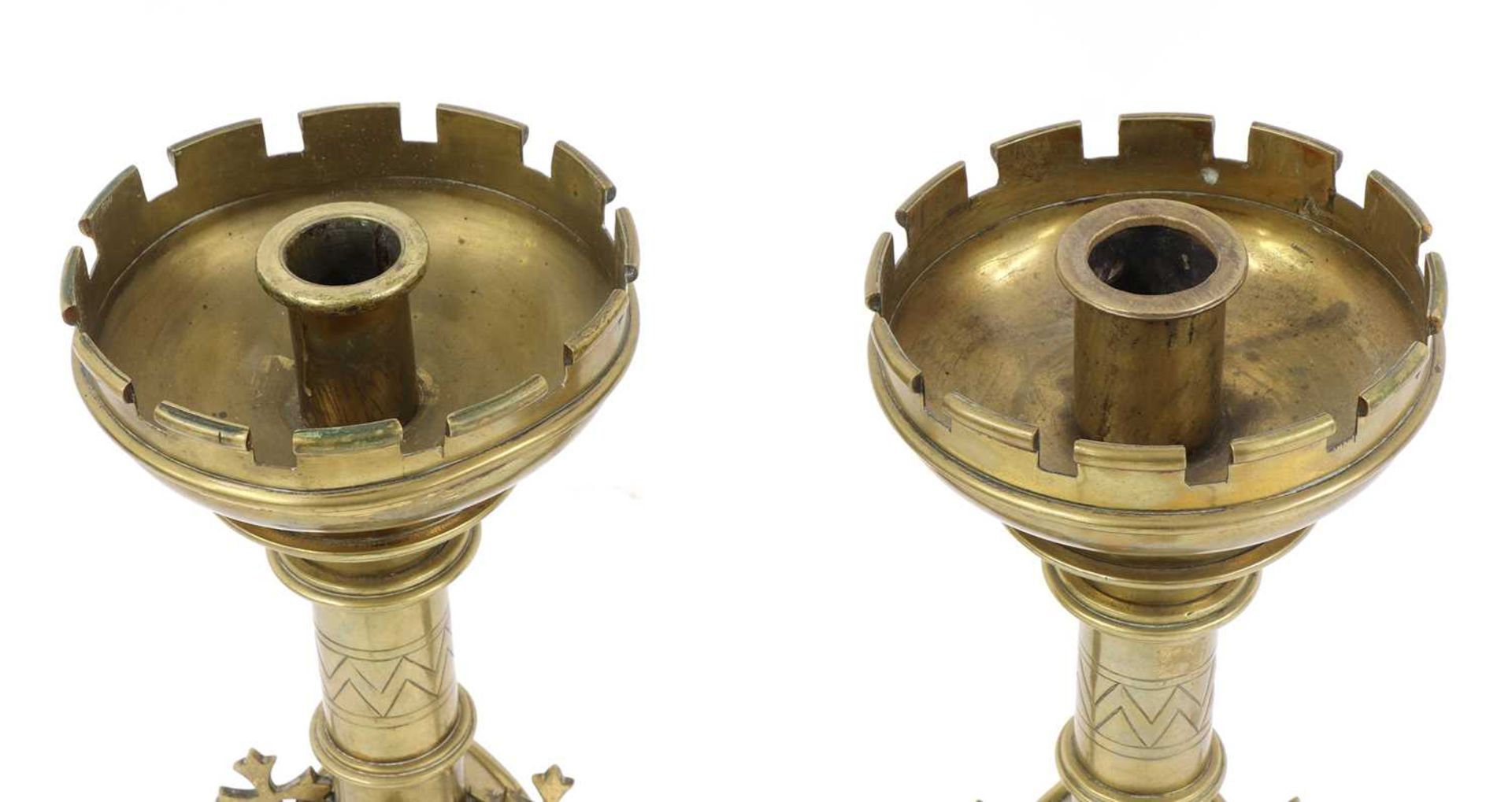 A pair of Gothic Revival brass candlesticks, - Image 2 of 3