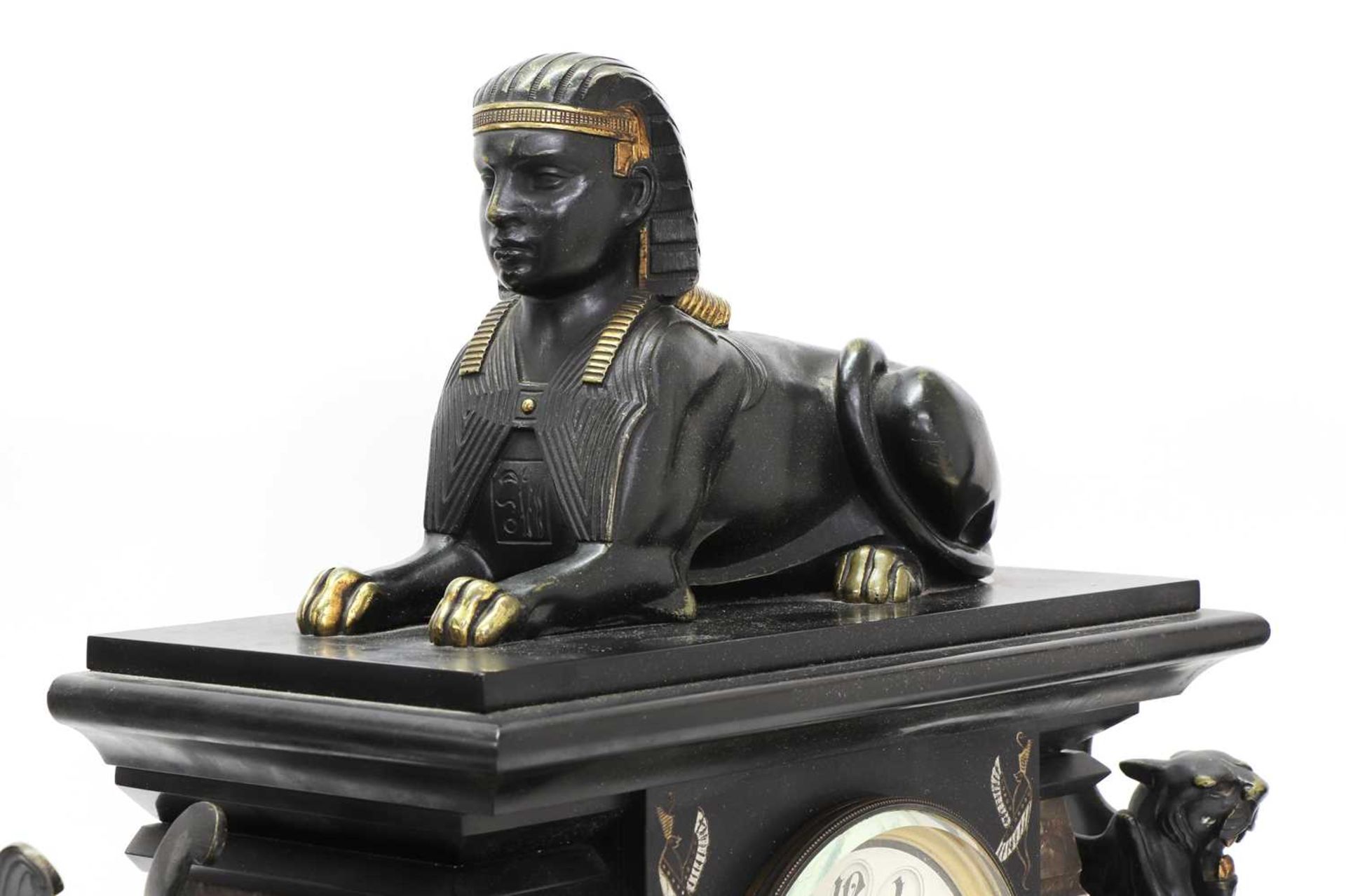 An Egyptian Revival marble and slate mantel clock garniture, - Image 3 of 4