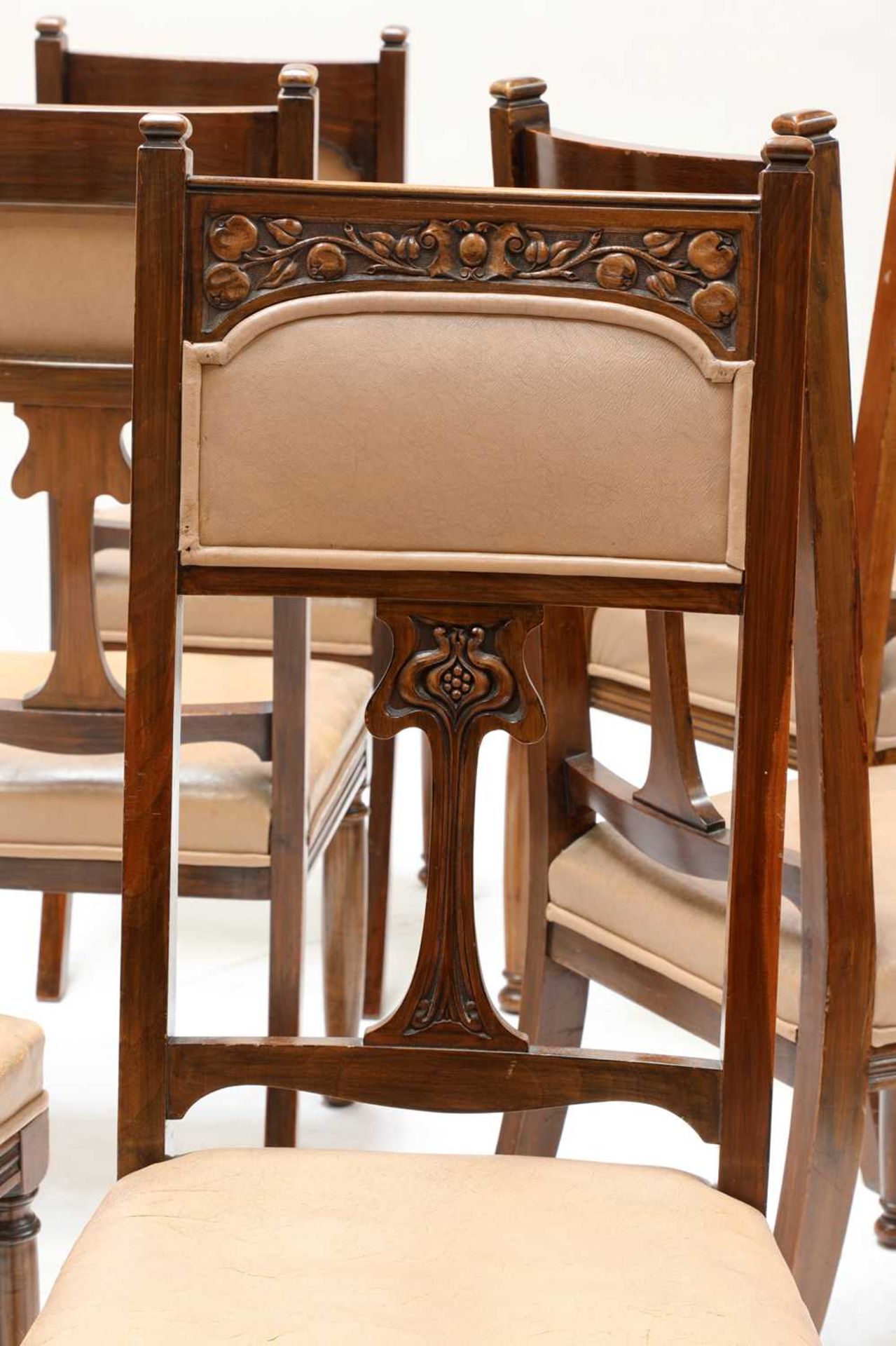 A set of eight Art Nouveau walnut dining chairs, - Image 2 of 6