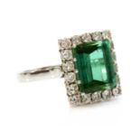 A white gold tourmaline and diamond rectangular cluster ring,