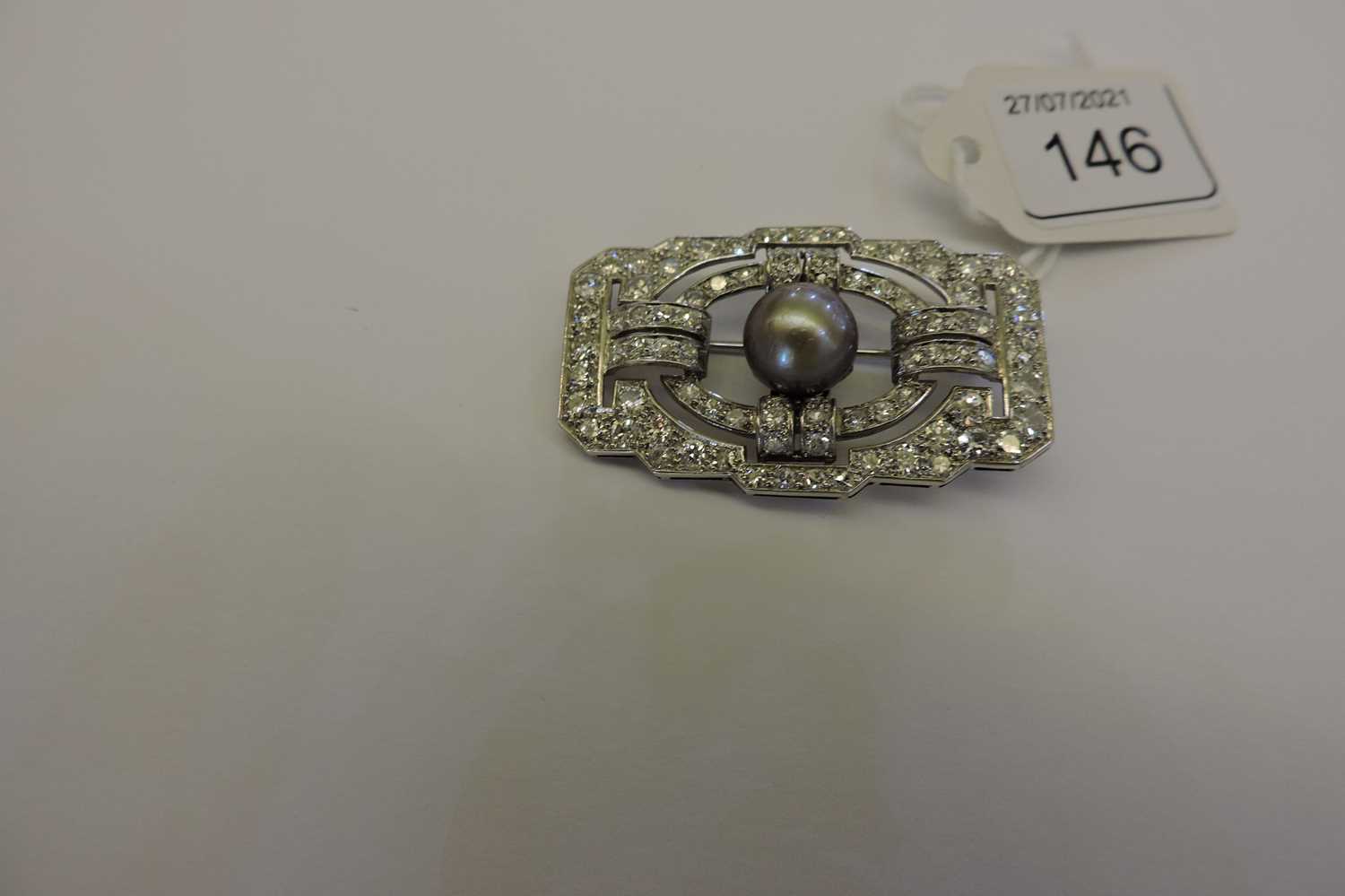 A French Art Deco natural saltwater pearl diamond plaque brooch, c.1925, - Image 6 of 6