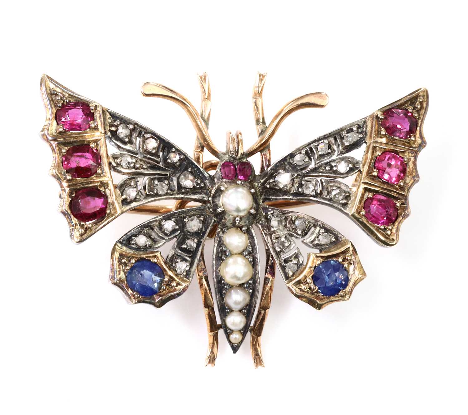 A split pearl ruby, sapphire and diamond butterfly brooch, c.1900,