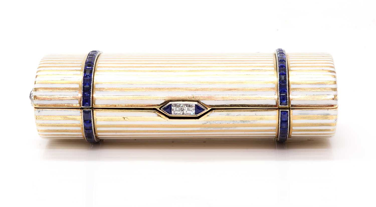 A gold sapphire, diamond and enamel cigarette case,