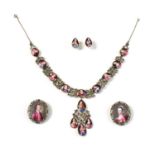 An 18th century enamel portrait miniature necklace, earrings and pair of clasps, cased suite,