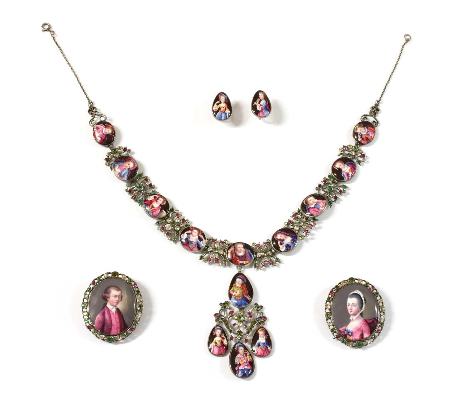 An 18th century enamel portrait miniature necklace, earrings and pair of clasps, cased suite,