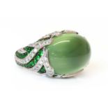 A white gold chalcedony, diamond and tsavorite garnet bombé ring,