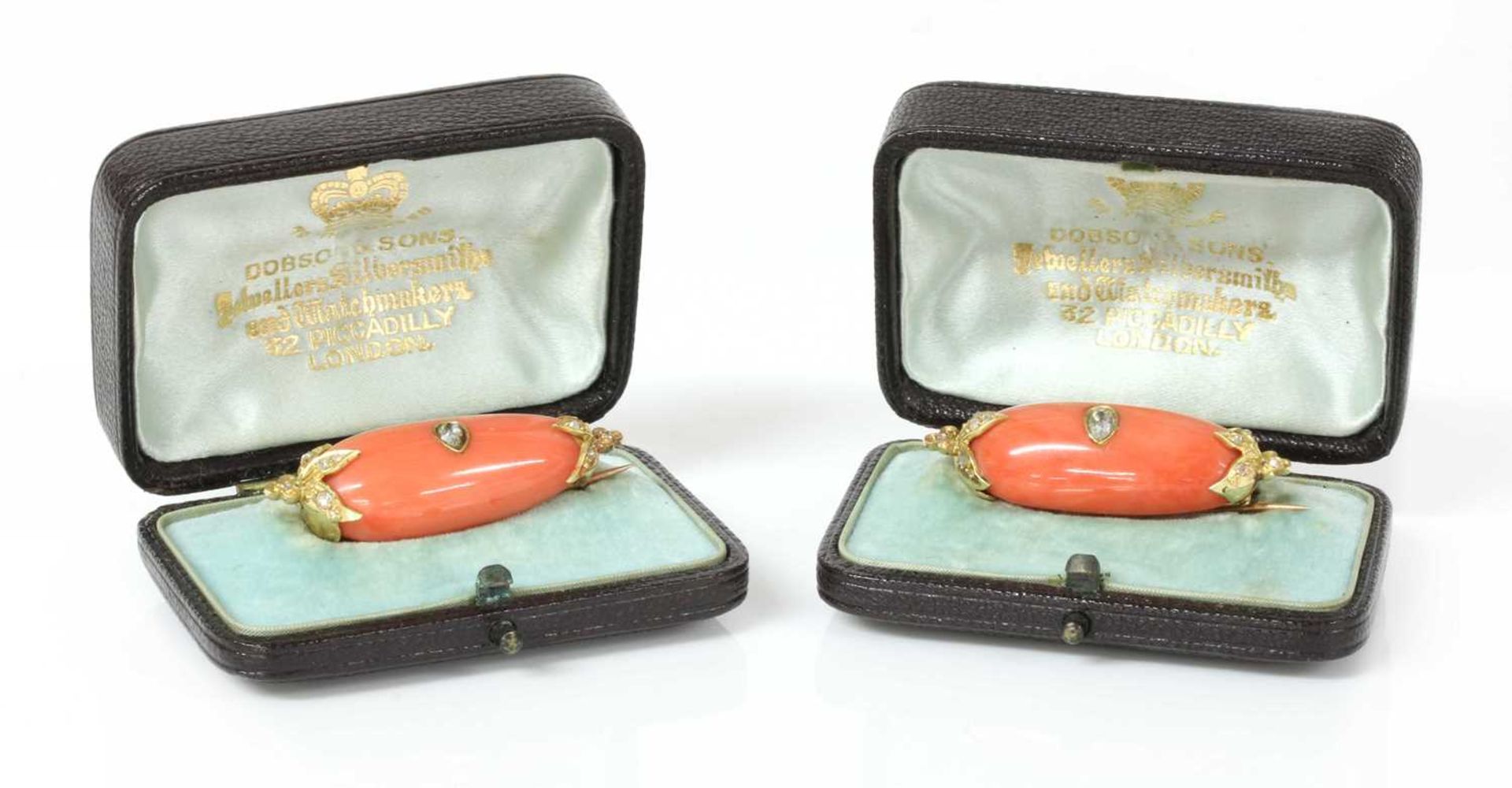 A pair of cased Victorian coral and diamond brooches, - Image 2 of 6