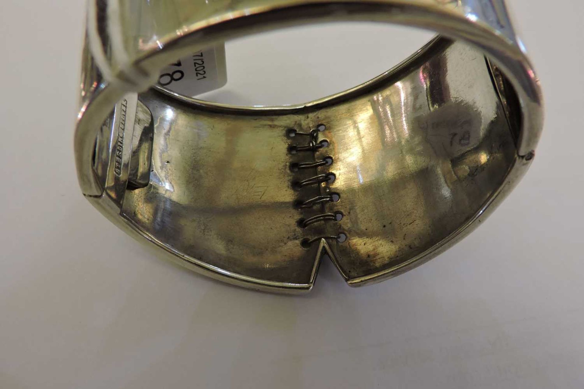 A Victorian sterling silver hinged bangle of corset form, - Image 2 of 6