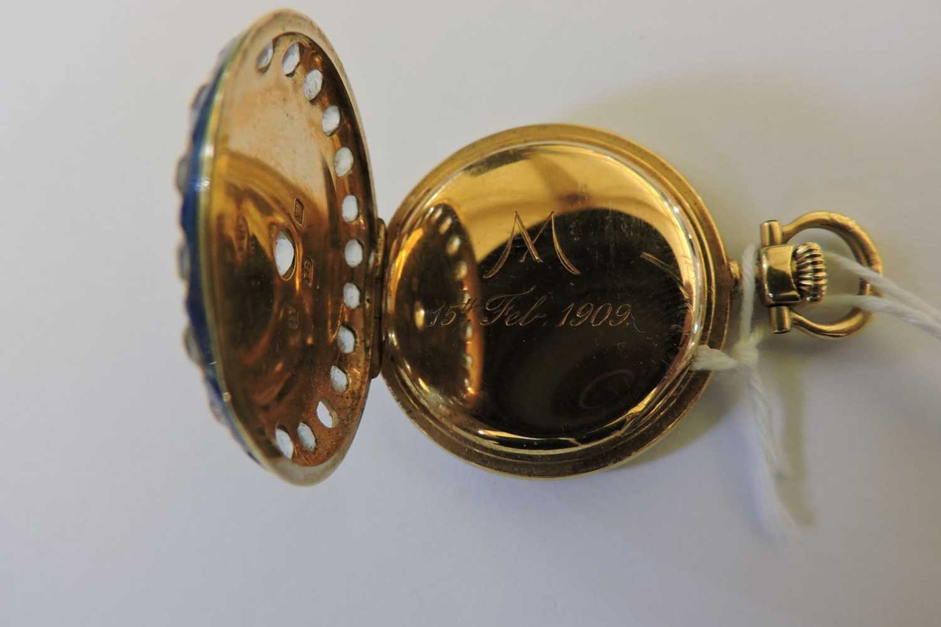 A cased 18ct gold gem set and guilloché enamel fob watch, - Image 6 of 6