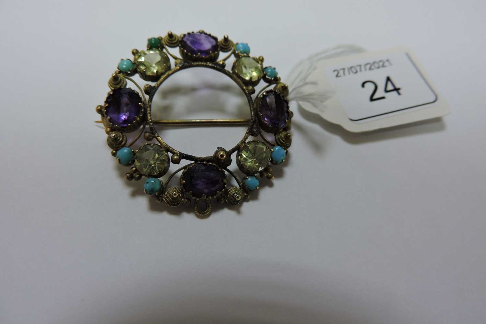 A Regency gold amethyst, chrysolite and turquoise cannetille brooch/pendant, - Image 2 of 3