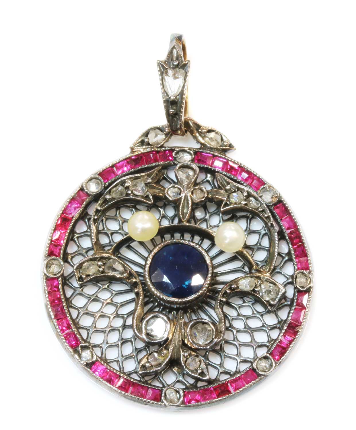An Edwardian sapphire, ruby, diamond and pearl pendant, c.1910,