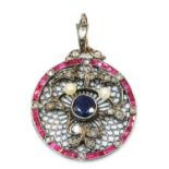 An Edwardian sapphire, ruby, diamond and pearl pendant, c.1910,