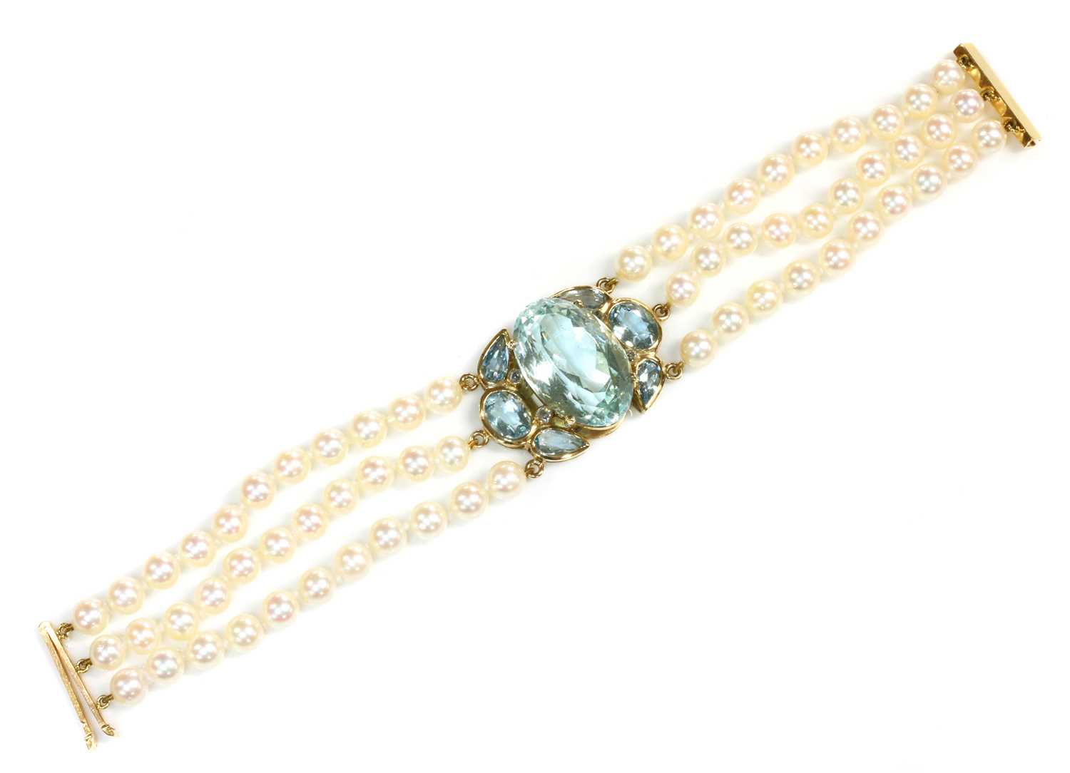 A 9ct gold aquamarine and cultured pearl bracelet, by Cassandra Goad, c.1998, - Image 2 of 4