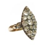 A late Victorian marquise shaped diamond set cluster ring,