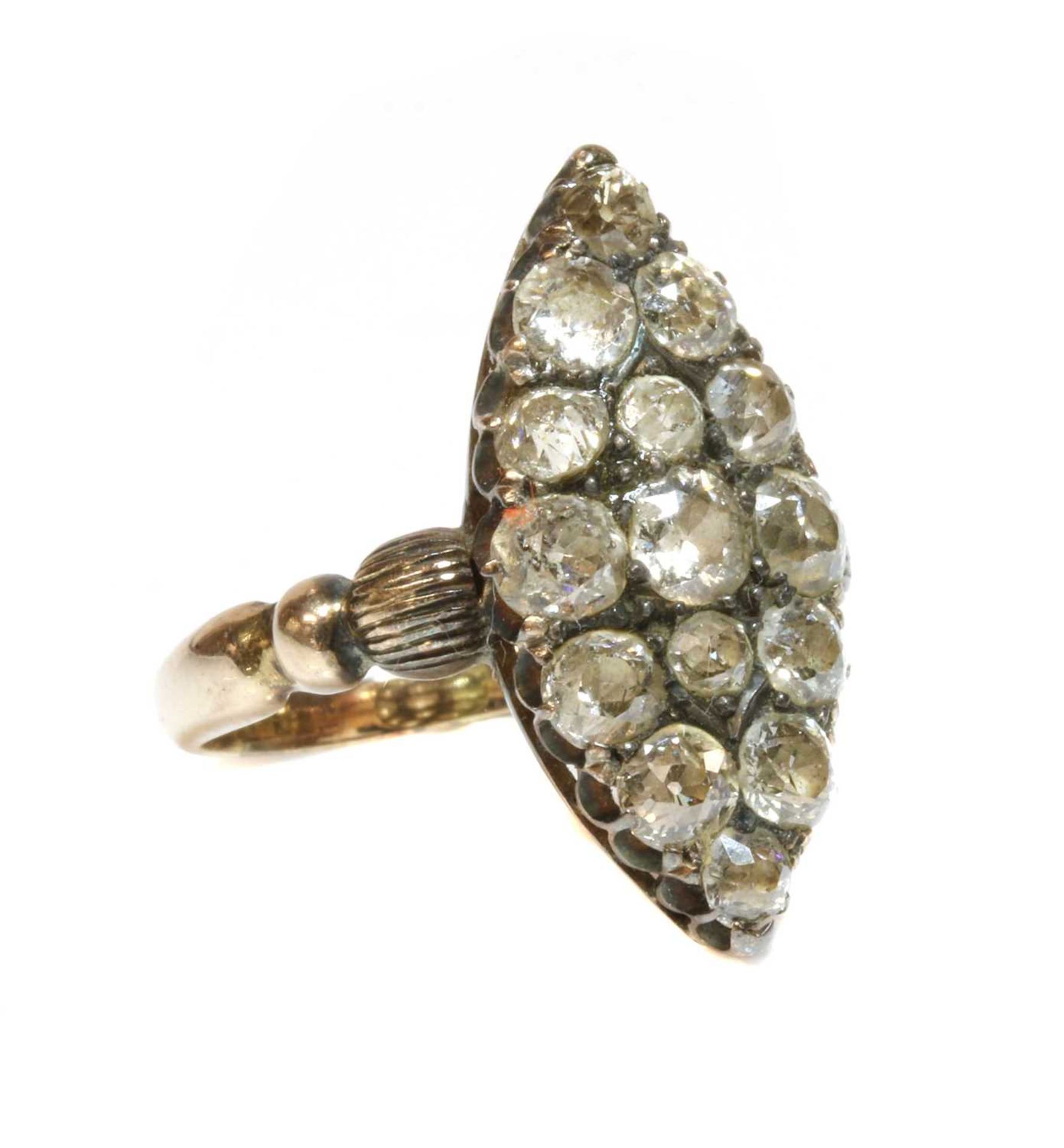 A late Victorian marquise shaped diamond set cluster ring,