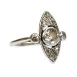 An Art Deco platinum marquise shaped diamond set ring,