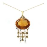 A Continental citrine, pearl and diamond pendant, c.1880,