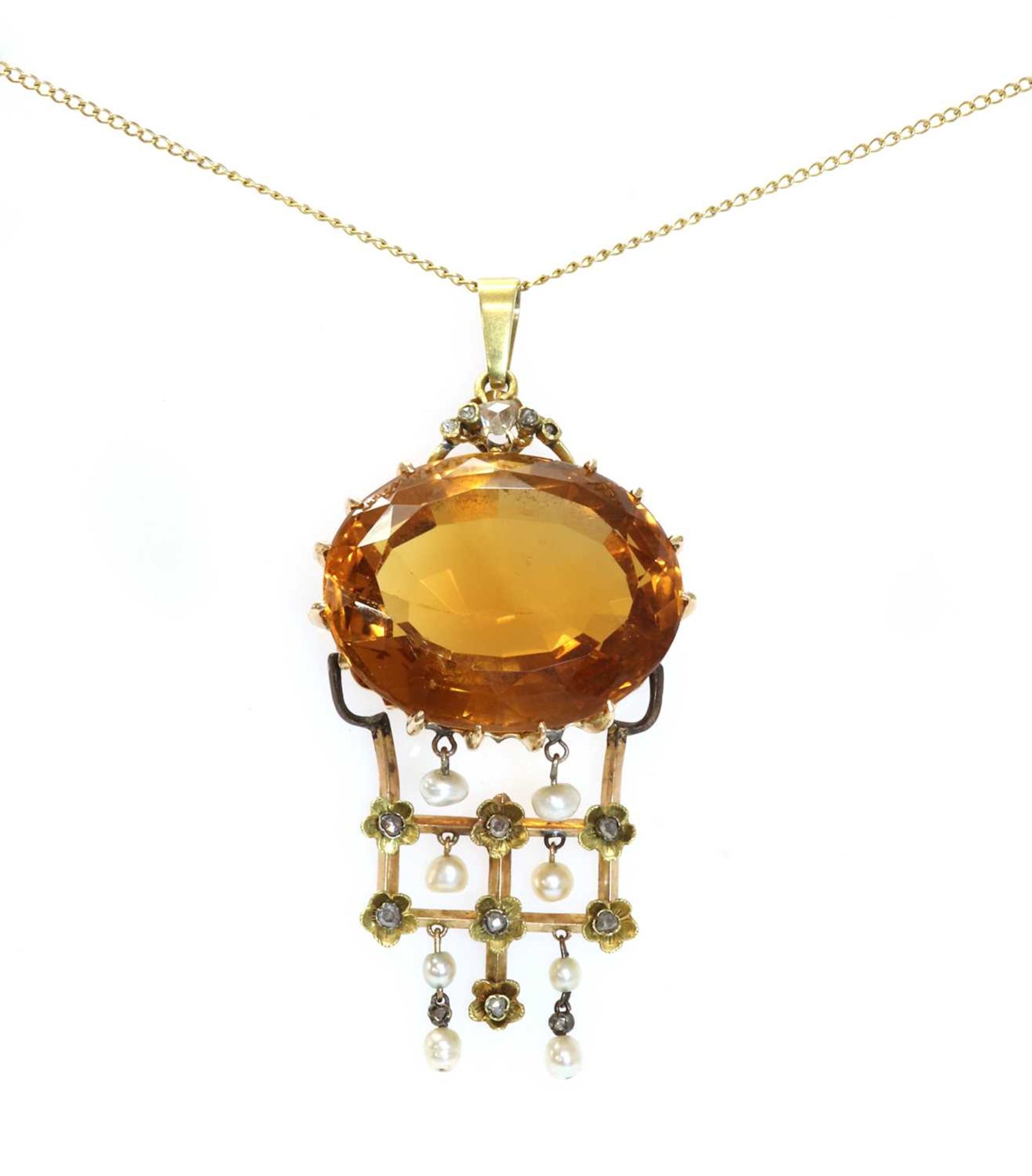 A Continental citrine, pearl and diamond pendant, c.1880,