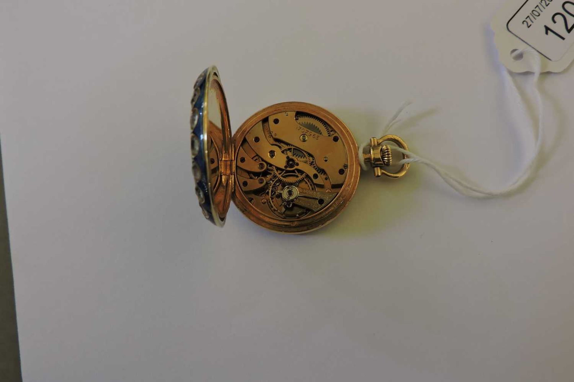 A cased 18ct gold gem set and guilloché enamel fob watch, - Image 5 of 6