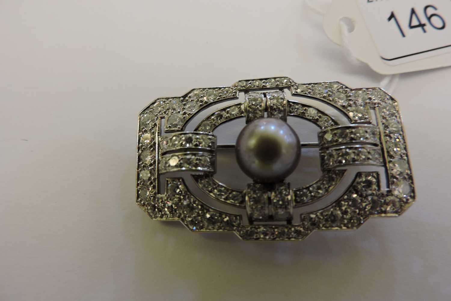 A French Art Deco natural saltwater pearl diamond plaque brooch, c.1925, - Image 4 of 6