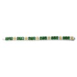 A white gold two row chrome diopside, yellow sapphire and diamond line bracelet,