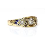 A Victorian three stone graduated diamond and enamel ring, c.1860,