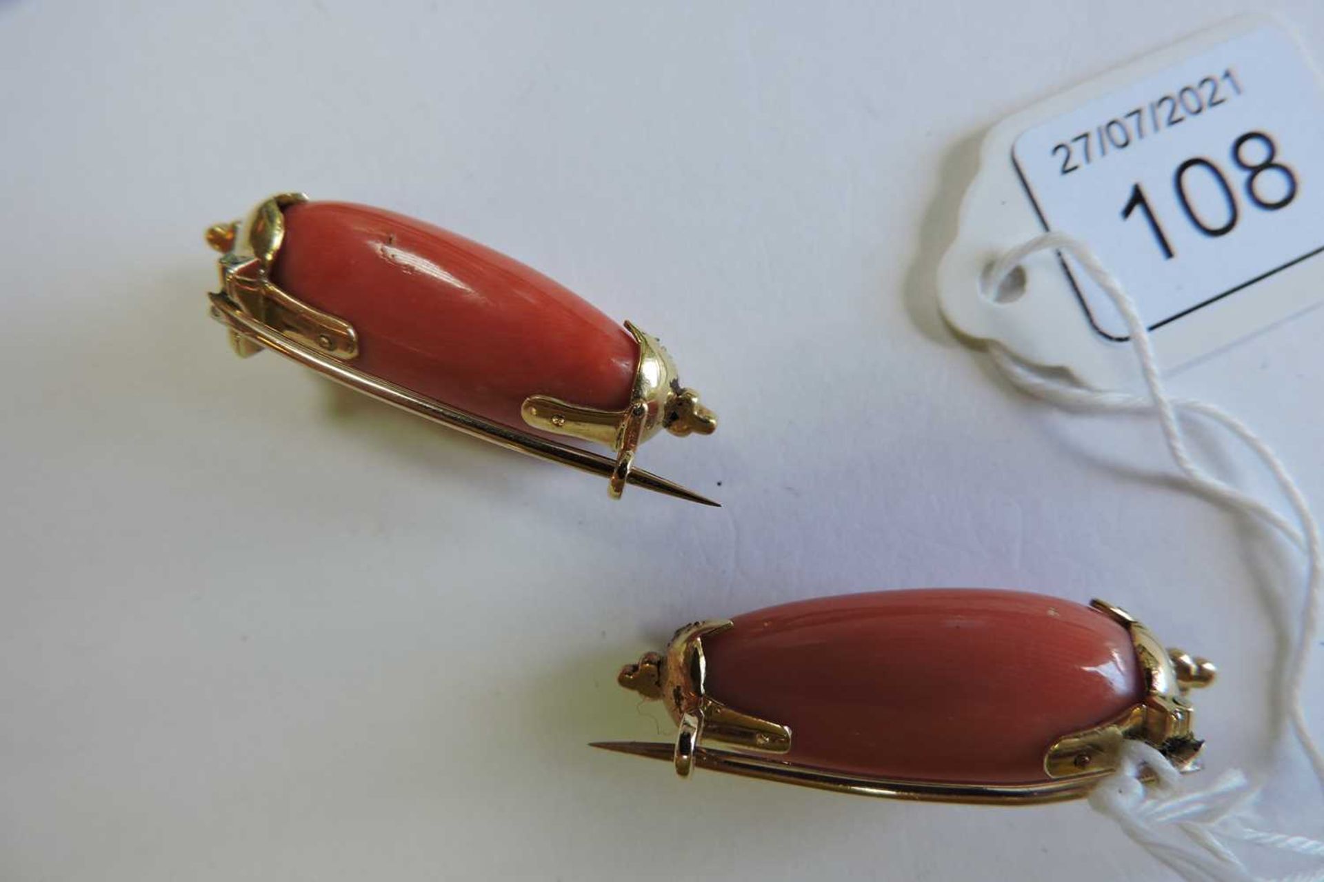 A pair of cased Victorian coral and diamond brooches, - Image 3 of 6