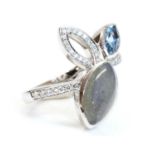 An 18ct white gold labradorite, aquamarine and diamond set ring, by Hamilton & Inches, c.2016,