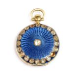 A cased 18ct gold gem set and guilloché enamel fob watch,