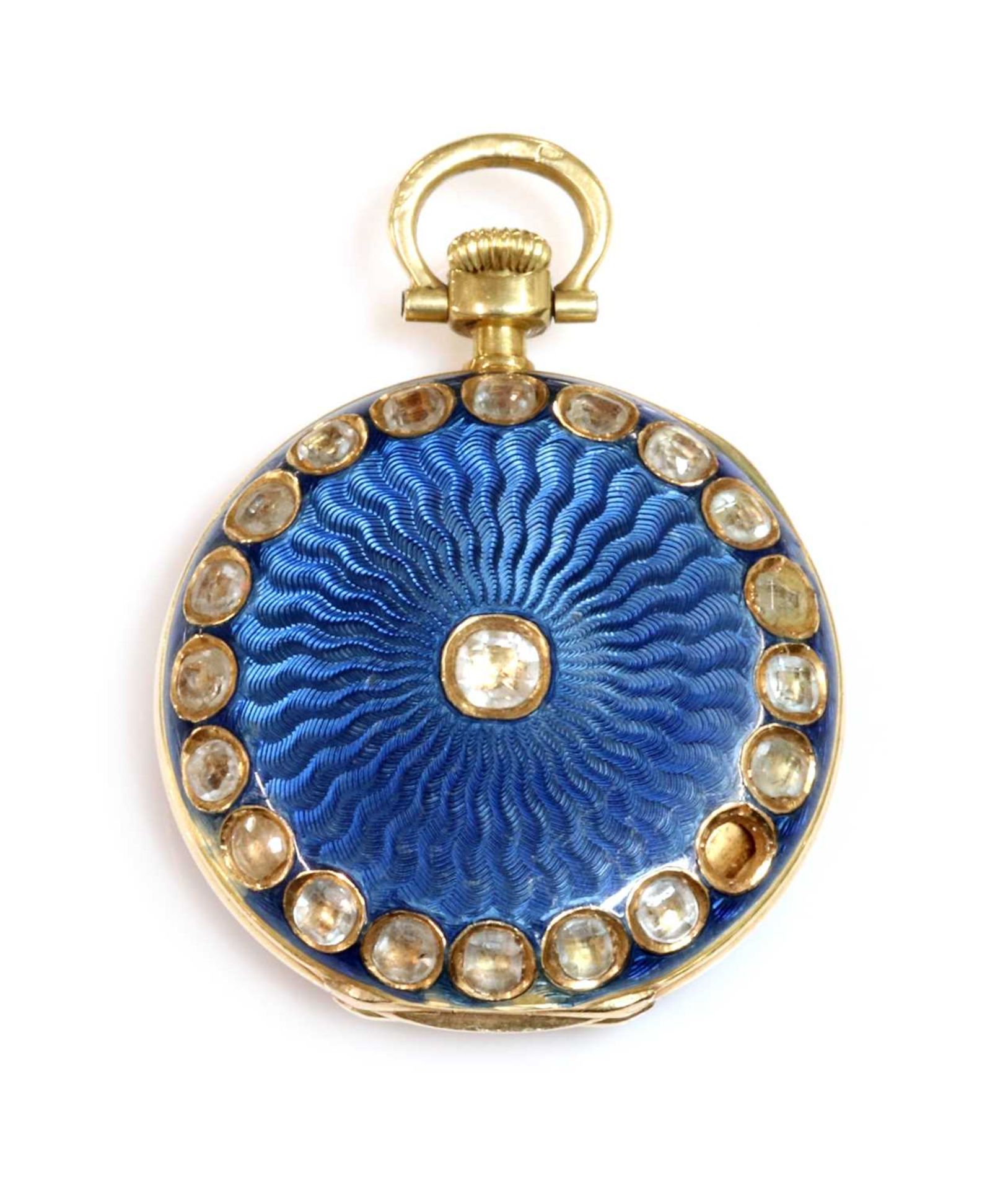 A cased 18ct gold gem set and guilloché enamel fob watch,