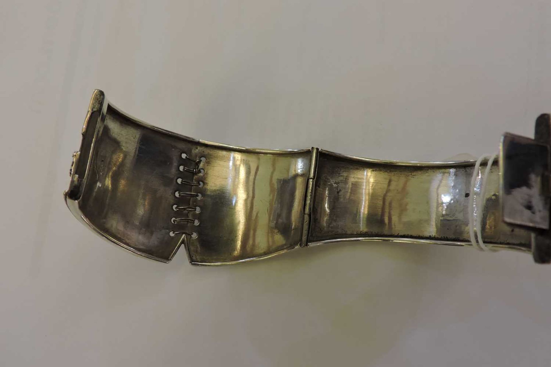 A Victorian sterling silver hinged bangle of corset form, - Image 3 of 6