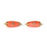 A pair of cased Victorian coral and diamond brooches,