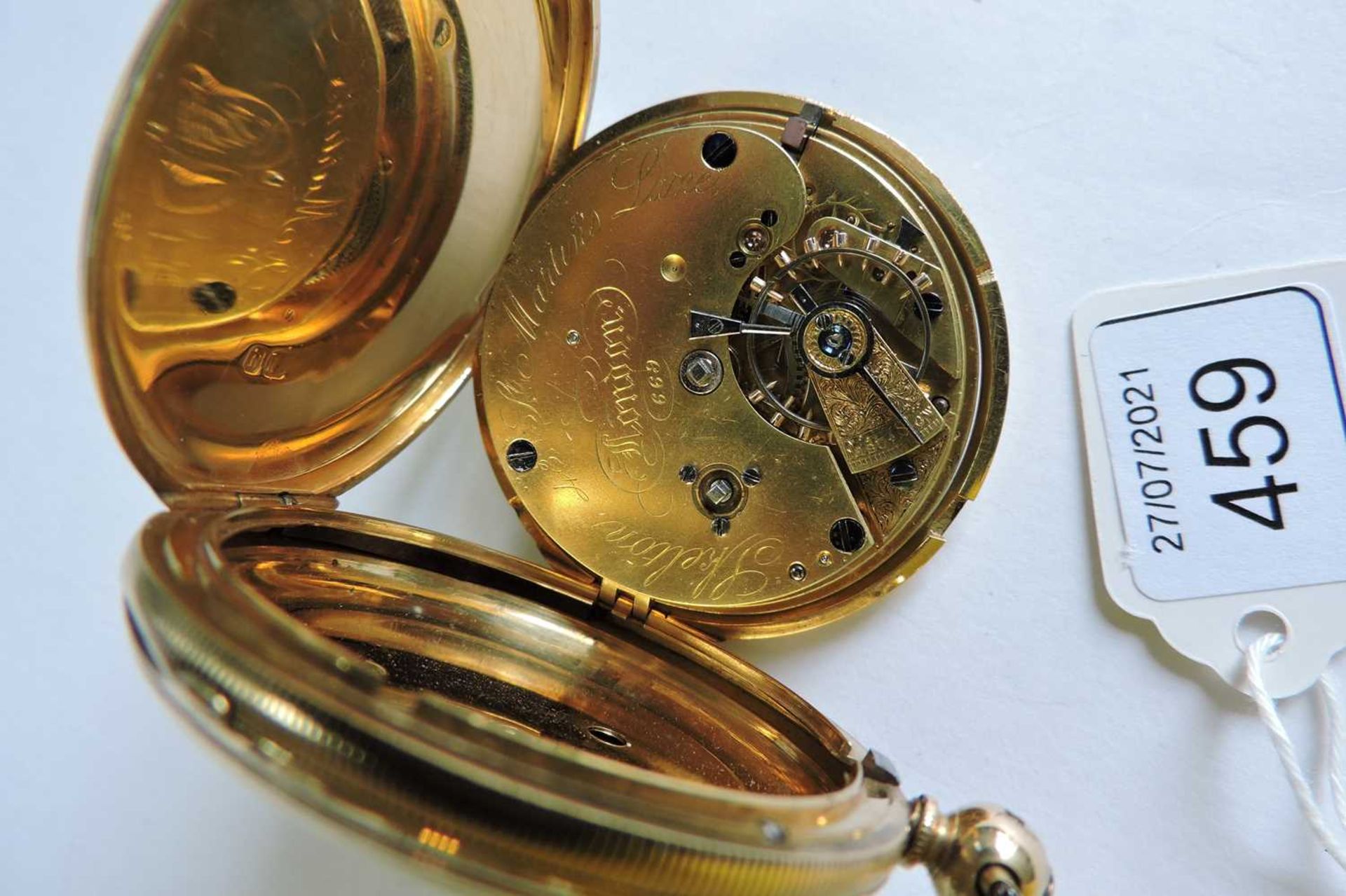 An 18ct gold key wound hunter pocket watch, - Image 7 of 8