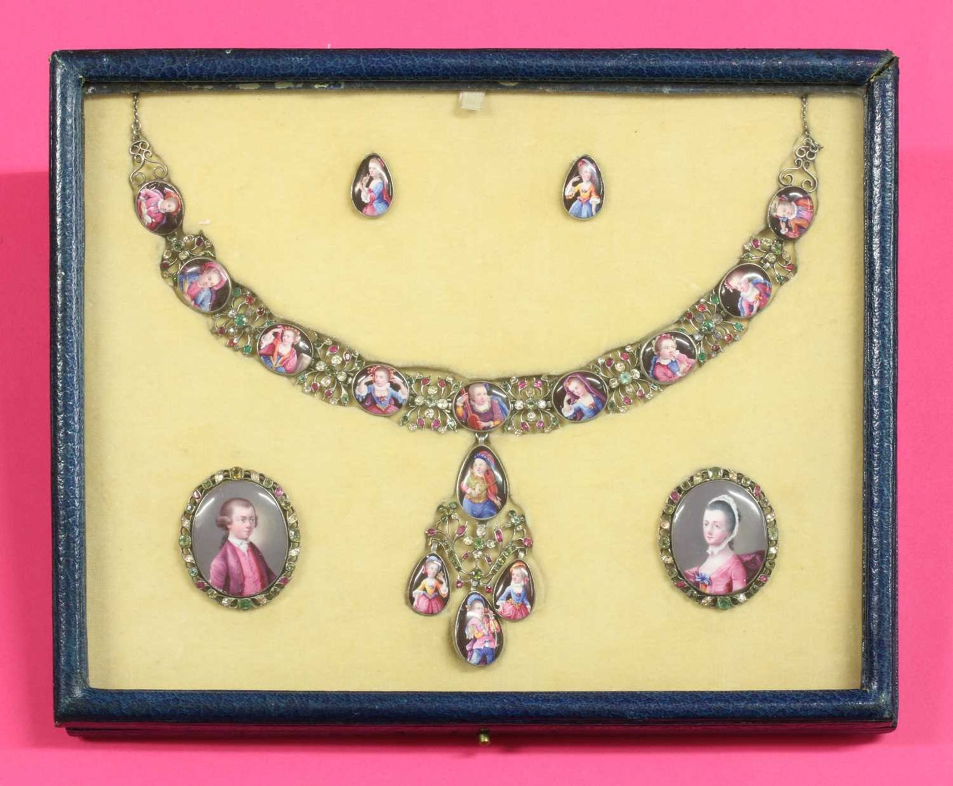 An 18th century enamel portrait miniature necklace, earrings and pair of clasps, cased suite, - Image 4 of 6