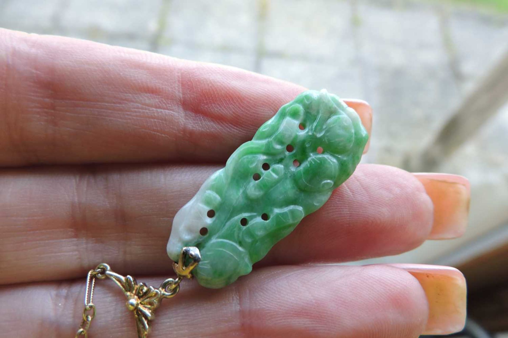 An American carved jade plaque necklace, c.1925, - Image 2 of 4