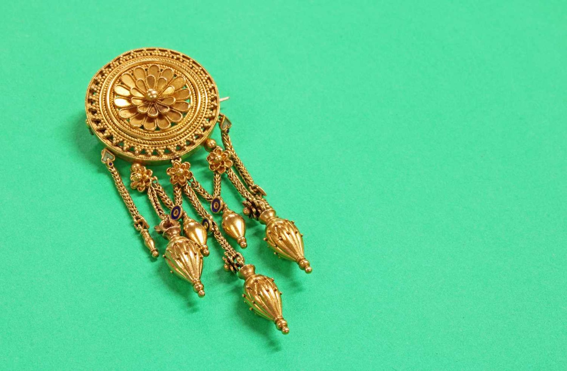 A gold enamel archaeological revival Etruscan style fringe brooch, by Fortunato Pio Castellani, c.18 - Image 4 of 4