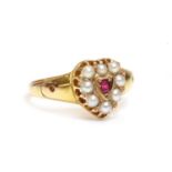 A 15ct gold Victorian ruby and split pearl heart shaped cluster ring,