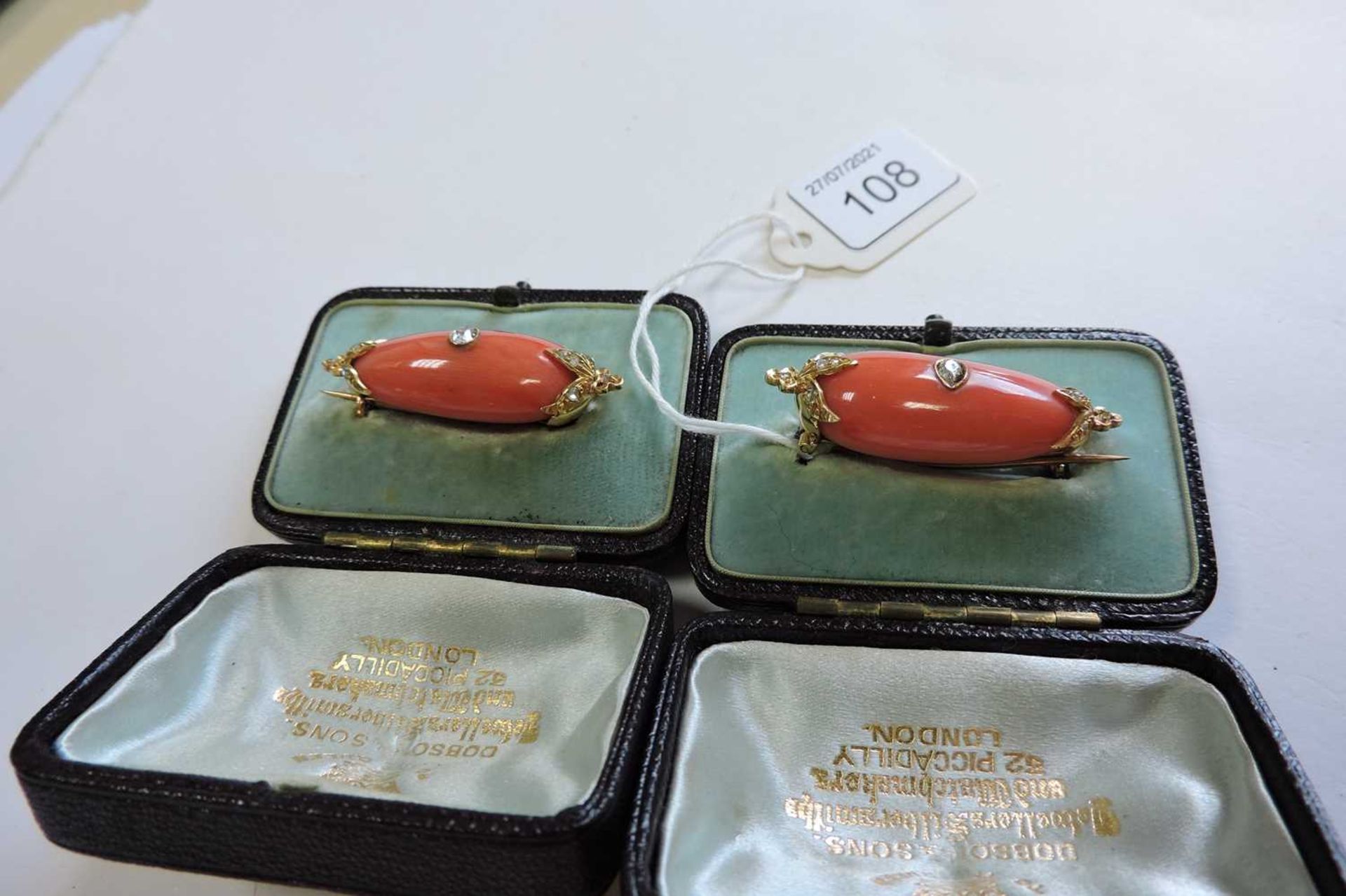 A pair of cased Victorian coral and diamond brooches, - Image 4 of 6