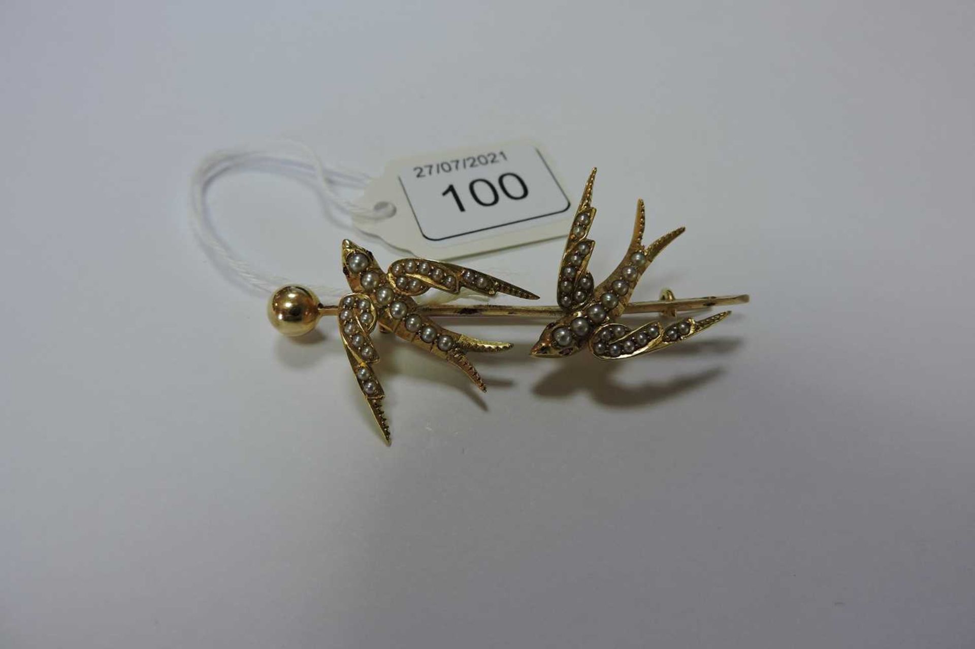 A gold and split pearl swallow brooch, c.1900, - Image 2 of 5