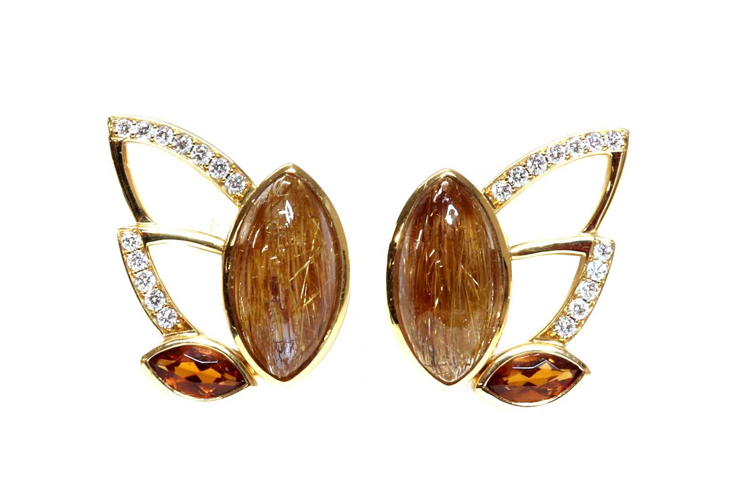 A pair of 18ct gold golden rutilated quartz, citrine and diamond earrings, by Hamilton & Inches,