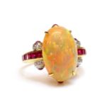 An opal, ruby and diamond cluster ring,