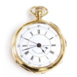 An 18ct gold top wind pin set open-faced chronograph pocket watch,