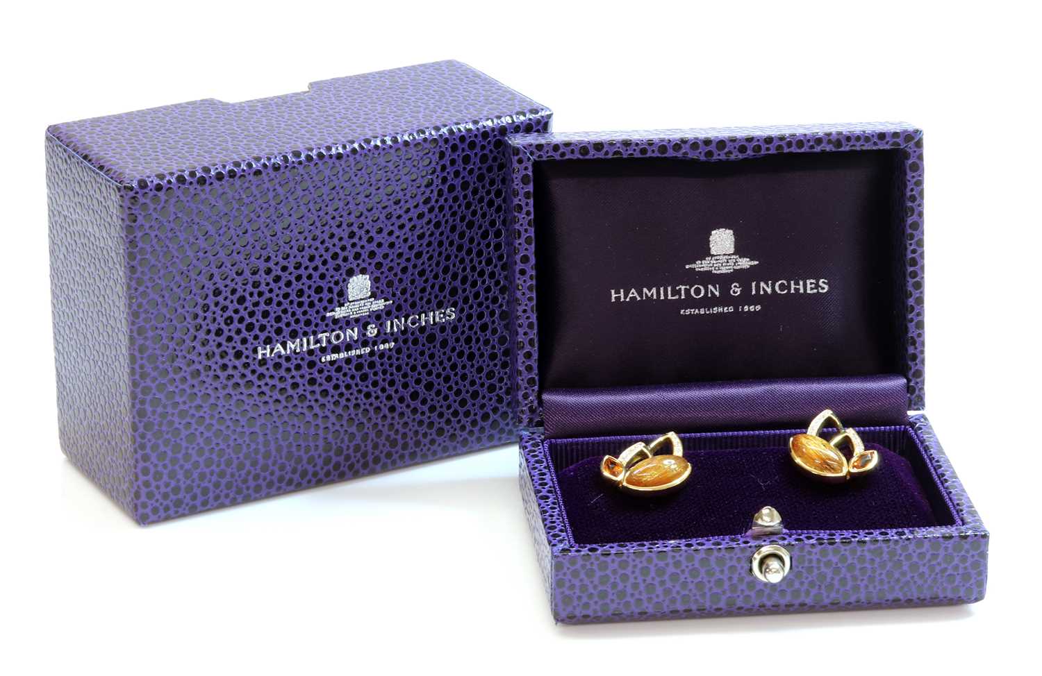 A pair of 18ct gold golden rutilated quartz, citrine and diamond earrings, by Hamilton & Inches, - Image 2 of 2