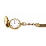 A ladies' 18ct gold side wind enamel half hunter fob watch and Albertine, c.1910,