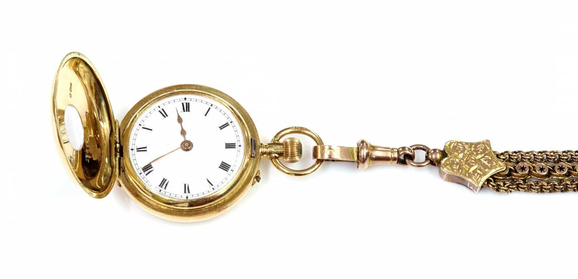 A ladies' 18ct gold side wind enamel half hunter fob watch and Albertine, c.1910,