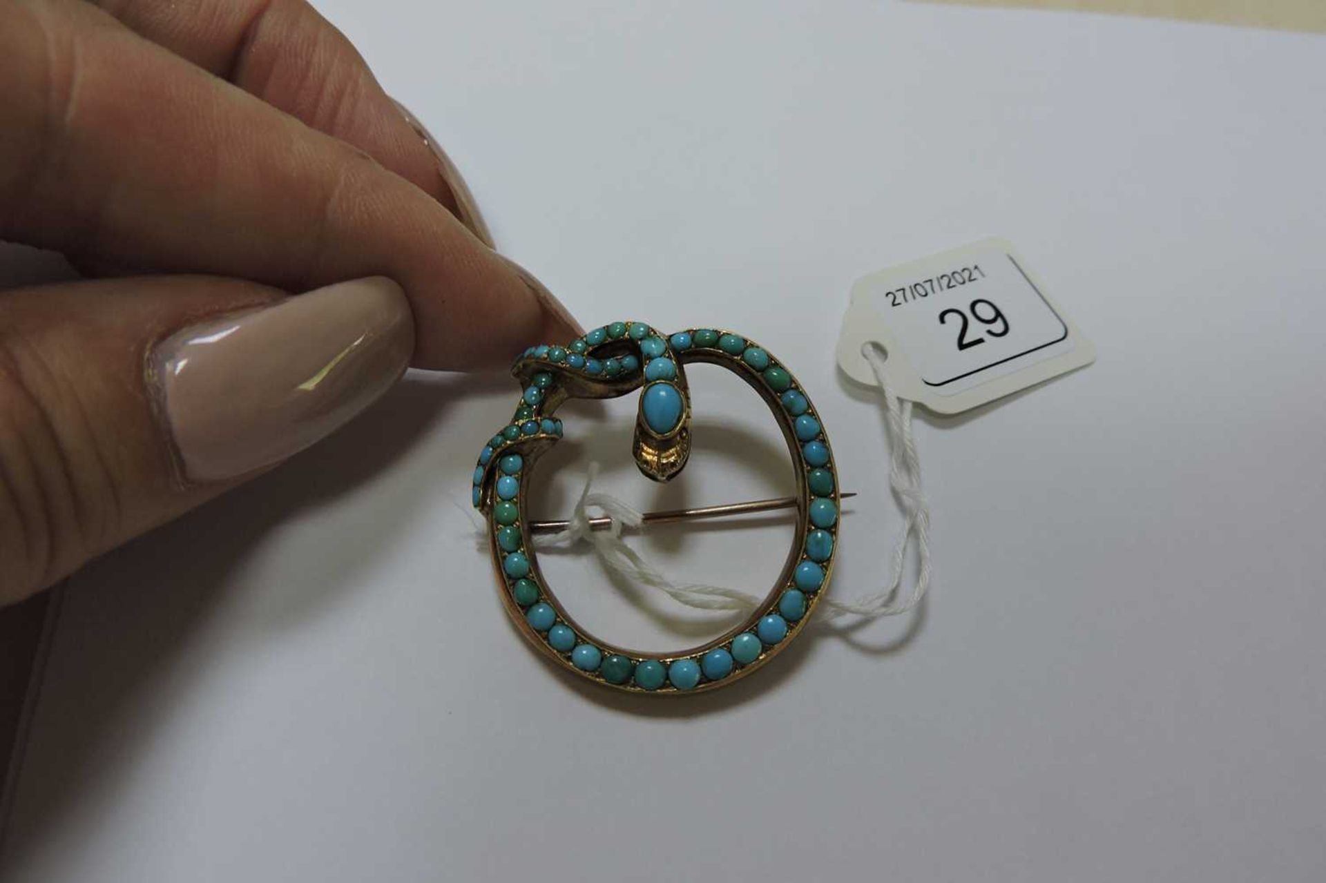 A Victorian gold turquoise set snake brooch/pendant, - Image 3 of 5